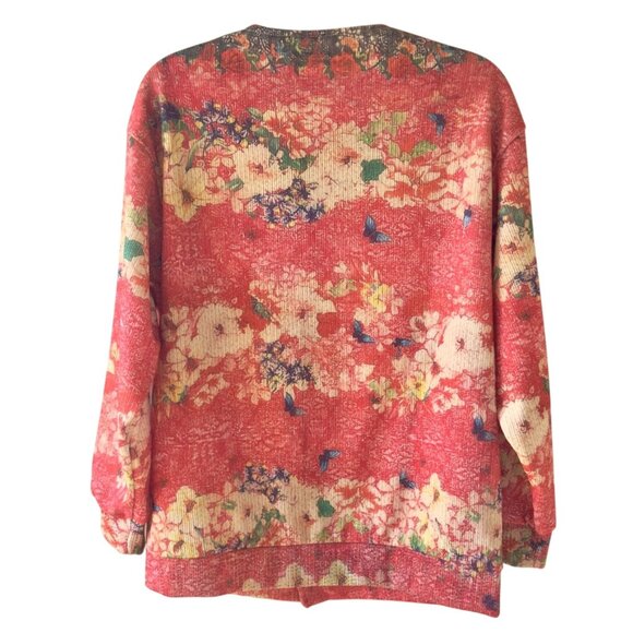 Floral Cardigan Size L Pink Orange Butterfly Garden Button Front Layer Top - Picture 3 of 11